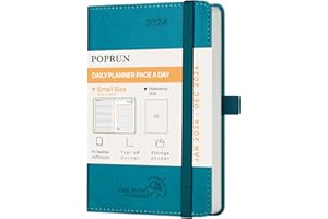 POPRUN Agenda 2024 Giornaliera Piccola 16 x 10,5 cm, Daily Planner 2024 Tascabile con Portapenne Autoadesivo e Nastro Segnalibro, Carta Certificata FSC®, Verde Pacifico
