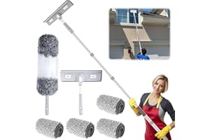 Swetfela - Rasqueta de cristal profesional, 3 en 1, kit con 4 paños de microfibra, plumero telescópico de hasta 275 cm, cabeza de lobo telescópica, percha telescópica para limpieza de cristales