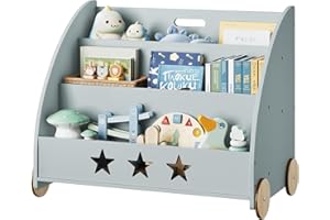 WOLTU Libreria Piccola in Legno per Bambini, Scaffale Porta Giochi con Contenitore e Ruote, Organizzatore per Cameretta, Grigio 62x42x57cm
