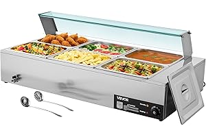 VEVOR Scaldavivande Commerciale, Scaldavivande Elettrico in Acciaio Inox da 1500 W con Coperchio in Vetro, Bagnomaria da Banco a 6 Teglie di 1/2, con Riscaldamento Rapido e Mestoli Forati