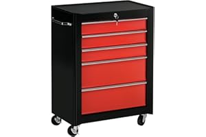 HOMCOM 5-Drawer Lockable Steel Tool Storage Cabinet with Wheels Handle 2 Keys Organisation Box Unit Chest Garage DIY Workshop Trolley Red