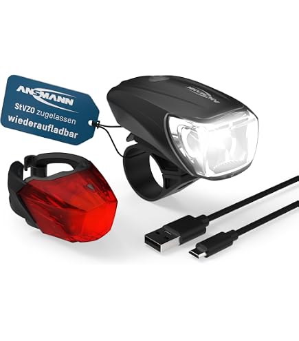 ANSMANN Fahrradlicht 2er Bundle Set StVZO zugelassen mit CREE LED, 140 m Leuchtweite 35 Lux 170 Lumen IPX4 Akkubetrieben aufladbar über USB Vorderlicht & Rücklicht Sport & Freizeit