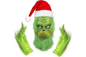 HFAN Christmas Grinch mask, Christmas Mask and Gloves With Red Hat Anime Cosplay, Grinch Decorations, Grinch Costume for Halloween Xmas Funny Carnival Party Full Face Latex Helmet Costume Props