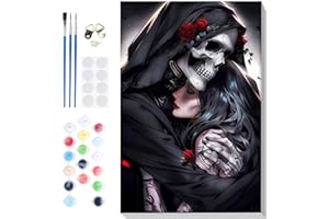 Fumupe Skelett Malen Nach Zahlen Erwachsene mit Rahmen, Gothic Malen Nach Zahlen Halloween, Diy Set Erwachsene mit Pinseln und Acrylfarben Handgemalt Ölgemälde Leinwand für Home Décor, 20x30cm