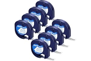 Unistar Compatible Dymo LetraTag Plastic White Ruban 12mm x 4m Noir sur Blanc, Recharge Dymo LetraTag 91201 / S0721610 pour Dymo LT-100H LT-100T XR LT-110T, 8 Ruban pour étiqueteuse