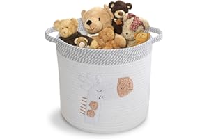 BAILTOUK Cesta de Almacenamiento de Cuerda de Algodón, Organizador de Juguetes con Asa, Cestos Organizadores Cestas de Almacenamiento de Juguetes para Baño, Maquillaje, Juguetes, 30×30cm (Jirafa Blanco)