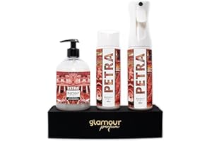 GLAMOUR PARFUM - Pack Ambientador Textil + Recambio 300 ml + Jabón de Manos 500 ml - Ambientador Hogar Petra - Aroma Fresco y Cítrico - para Pulverizar en la Cama o en Cortinas
