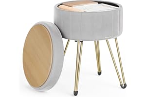 SONGMICS Sgabello Pouf Contenitore, Cassapanca Rotonda, Sgabello Toeletta in Velluto, 39 x 44,4 cm (Diam. x A), 4 Gambe in Metallo, Soggiorno Camera da Letto, Grigio Tortora LOM003G02