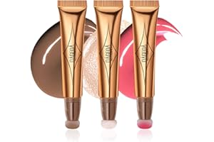 Prreal 3PCS Contour Highlighter Blush Beauty Wand with Soft Cushion Applicator, Smooth Creamy Matte Liquid Concealer Blush Highlighter Stick, Shimmer Long Lasting Body Face Pen for Makeup(01+04+07)