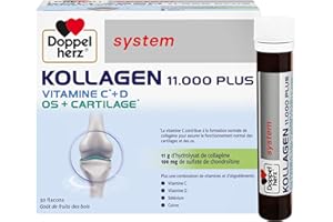 Doppelherz, Kollagen 11000 Plus, Hydrolysat de collagène et Vitamines C, D et minéraux, Pour les os, cartilages et muscles, Goût fruits des bois, 30 flacons de 25ml