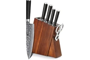 XINZUO Cuchillos de Cocina Forjados de Acero Damasco con Bloque de Madera de Acacia, Set de 7 Piezas, Tijeras Multifuncionales, Cuchillo de Chef Afilado Profesional para Vegetales -He Serie