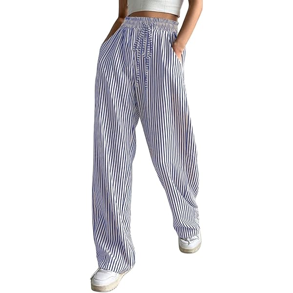 Pantalon Large Pour Femme Avec Cordon De Serrage, Taille Haute, Rayé Sur Le Côté, Pantalon Palazzo Ample Avec Poches (Beige,S