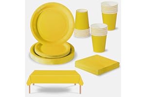 COSORO 69 piezas Amarillo Platos Desechable Juego de Vajilla Desechable Decoración Cumpleaños Fiesta,Platos Servilletas Copa de Papel y Mantel,para Bodas,Picnics,Baby Shower,Biodegradable,Compostables