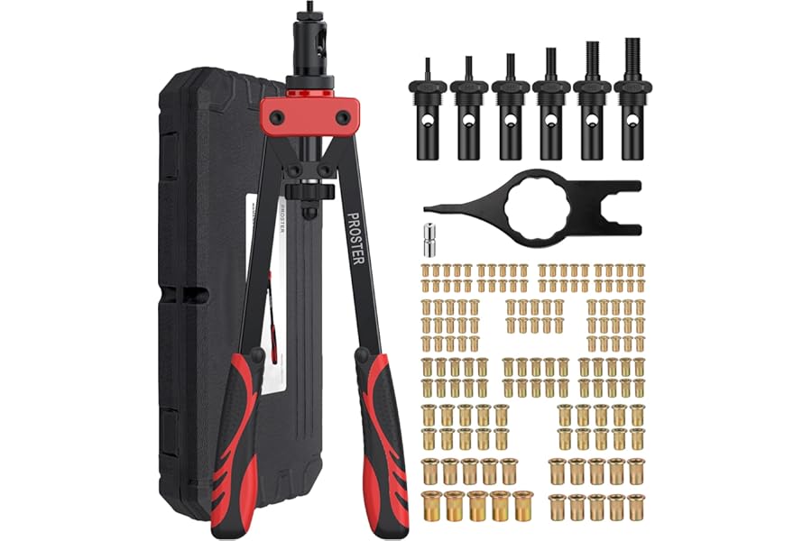 Proster Rivet Nut Tool 14" - Rivet Nut Pliers Set, Heavy Duty Rivnut Tool Kit with 150PCS Rivet Nuts and M3 M4 M5 M6 M8 M10 6 Metric Mandrels Heat-Treated Alloy Steel Rivnut Gun with Storage Box