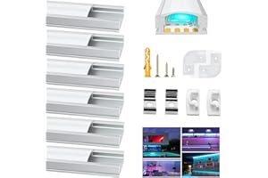 Chesbung - 6x1mètre Aluminium Profilé U-forme pour Bandes à LED, Compact Finition Professionnelle avec Blanc Laiteux Couvercle,Clips de Montage en Métal,Embouts Jaunes