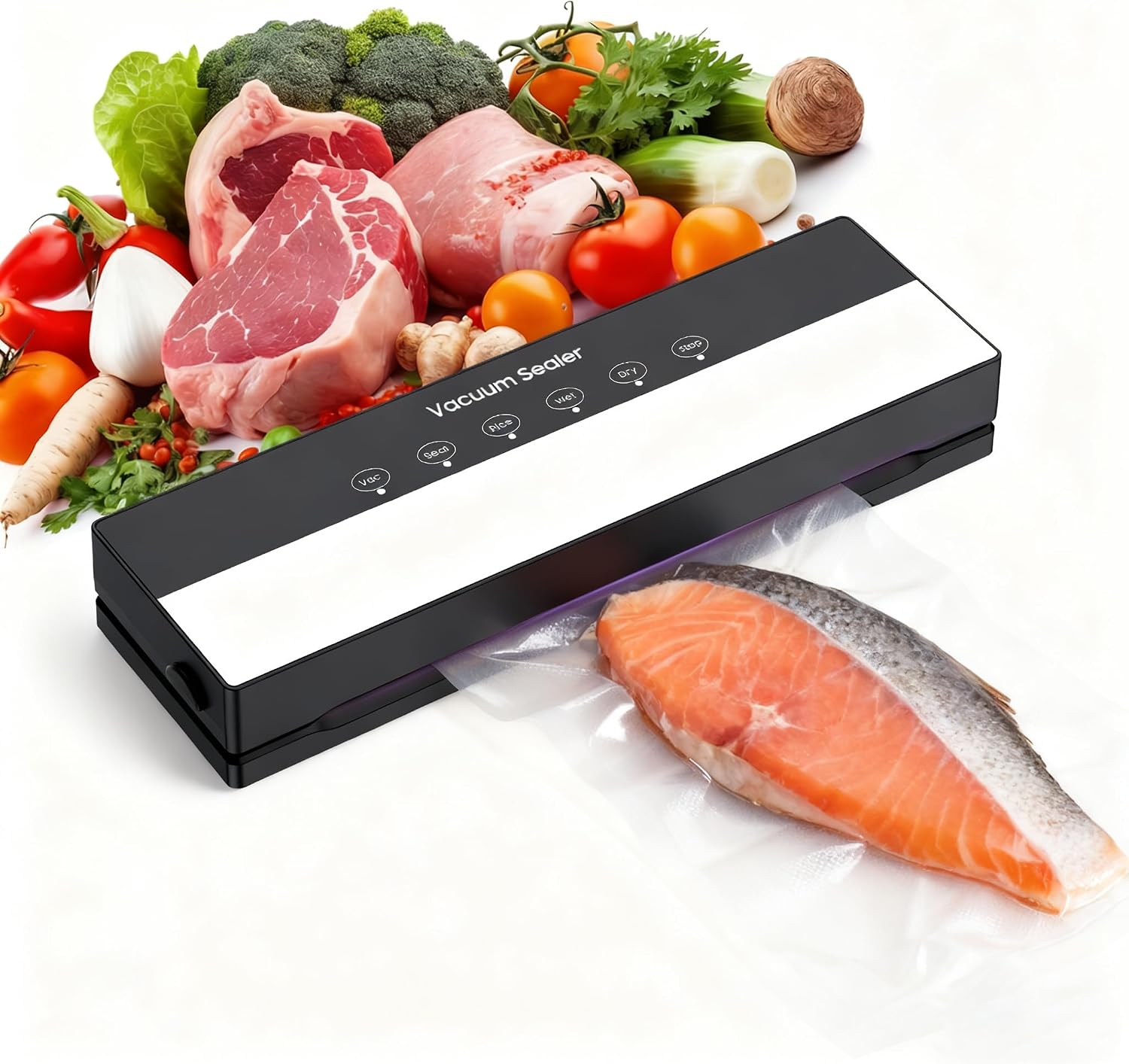Envasadora al Vacío 5 en 1, Maquina al Vacio de Alimentos para Uso Doméstico y Comercial, Incluye bolsa de vacío,Fuerte Succión, Alimentos Secos, Humedos y Frescos (Black, 10 vacuum bags)
