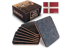 BARVIVO Lot de 8 Dessous de Verre Noirs absorbants pour Boissons – sous-Verres à Deux côtés Parfaits pour protéger la Table en Bois avec Un côté en liège Qui empêche Les Rayures et Un côté en Feutre