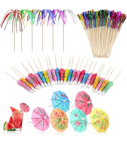 200 Décorations Cocktail Parapluies Et Feux D'artifice - Lot De Brochettes En Bois Pour Fruits, Gâteaux, Boissons, Fêtes Et Mariages