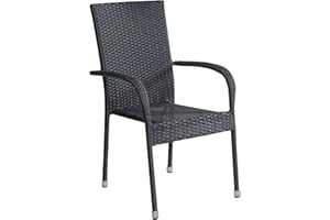 WHOLESALER GMBH LC Garden Lübeck Stackable Chair in Black, Stackable Garden Chair with Flat Rattan Weave, Garden Armrest Chair with Medium Backrest, Balcony Chair with Powder-Coated Steel Frame