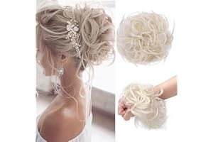 ‎TESS TESS Haargummi mit Haaren VOLUMINÖS Messy Bun Haarteil Dutt 45g Haarteil mit Gummiband für Frauen Mädchen (Weißblond)