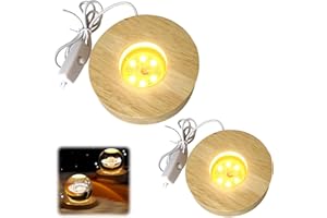 GOMETY 2 Stück Holz LED Lichtsockel, USB Led Leuchtsockel für Acrylglas Warme Farbe Holzsockel Rund Leuchten Ständer Display Basis für Kristallg Lensball Glas Acryl Schmuck Harz (8*8*2+10*10*2 Rund)