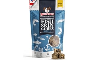 SKIPPER'S Fish Skin Jerky Cubes - Gently Air Dried Dog Treats, Healthy & Natural Treat for Dogs, Hypoallergenic Grain Free, High in Protein & Low Fat | Great for Teeth (Cube Size Small, 70g Pack)