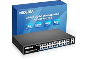 NICGIGA 24 Puertos Gigabit PoE Switch con 24 Puertos PoE + @ 320 W, 2 Gigabit Uplink Port, Sturdy Metal for Desktop/Rack Mount, Modo VLAN, Plug and Play, alimentación no gestionada sobre Ethernet