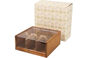 HTB Tea Bag Storage, Gift Box 6 Compartments Acacia Wood Tea Box Organiser with Acrylic Transparent Hinged Lid