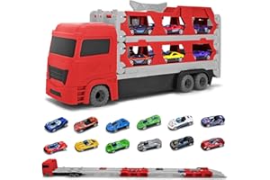 Donaky Camion Transporteur Voiture Jouet pour Enfant Portable Conception Pliable à 3 Couches avec 12 Voitures de Course Camion Jouet Enfant pour Les Garçon de 3 4 5 6 Ans, Rouge