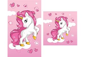 Damaloo Set di asciugamani per bambini unicorno – 2 pezzi (30 x 50 + 30 x 30 cm) – Morbidoasciugamano in cotone per ragazze – Assorbente e delicato sulla pelle