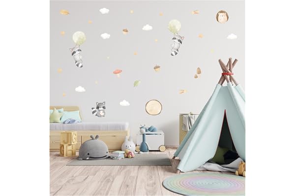 Stickers muraux personnalisés Stickers aquarelle animaux avec nom Sticker muraux pour chambre d'enfant chambre de bébé salle de jeux fille Y037 (Sans nom, No 17 Raton laveur)