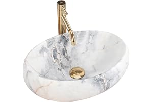 Rea Lavabo da Appoggio LINDA GRANITO OPACO Lavabo Bagno 485 x 340 x 145 mm in Ceramica (Bianco, imitazione marmo)