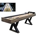 RUP 9-Foot LED Light Up Shuffleboard and Bowling Table, Rustic Wood Grain Finish, Grey Carpeted Gutters, K-Shaped Legs, Includes Accessories
