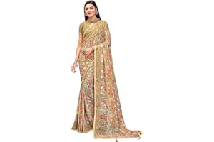 Jaanvi fashion Damen Chiffon bedruckt Banarasi Borte Sari mit ungenähter Bluse Stück