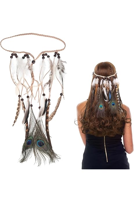 NET TOYS Hippie Stirnband Mit Federn | Flower Power Haarschmuck, 70er Jahre Style – Unisex, Einheitsgröße