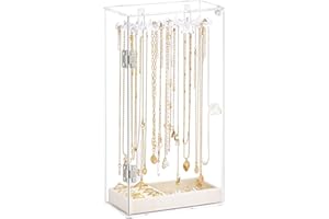 mepure Jewellery Stand, Jewellery Organiser w/Velvet Tray, Dustproof 24 Hooks Necklace Holder Storage, Clear Necklace Display Stand for Bracelets Chains Earrings Rings