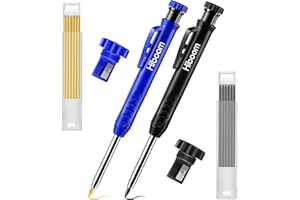 Hiboom 2 Pack Solid Carpenter Pencil with 14 Refill, Long Nosed Deep Hole Mechanical Pencil Marker with Built-in Sharpener for Carpenter Woodworking Architect with Design Patent (Black, Blue)