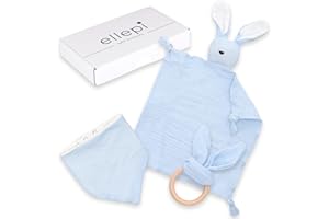 Ellepi Doudou Neonato Set Regalo Nascita Bio - Set Completo con Doudou, Bavaglino e Massaggia Gengive in Cotone Biologico per Neonati 0-3 Mesi (Cielo)