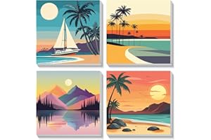 Bowetile 4 Pack Sunset Framed Paint by Numbers for Adults Children, Painting by Numbers Kit for Adults, Beginners Canvas Kits, DIY Acrylic Pigment Drawing Paintwork for Home Decor, 20x20 cm