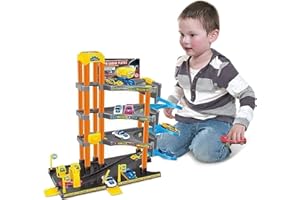 Kidoloop Toy Car Garage Playset for Kids, 4 Storeys Car Parking Garage with Elevator, Ramp, Tracks & Cars Wash, Includes 4 Toy Cars, Imaginative Vehicle Role Play Gift for Children 3+ Years