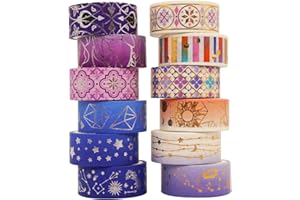 LGEGE 12 rotoli Washi Tape Set, 3 m x 15 mm, motivo notte stellata color oro, nastro adesivo decorativo per scrapbooking, fai da te, scrapbooking, confezioni regalo, diari, pianificatori