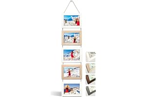 NEOWS Cadre Photo Multiple avec Corde pour Suspendre au Mur - Lot de Cadres Décoratifs pour Accrochage Mural Vertical - Porte Portrait Pele Mele - Photos 10x15 (Blanc et Chêne, 5 Photos Horizontal)