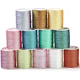 CABODYALS 240 m Metallic Multicoloured Cord 0.5 mm 12 Colours 6 Layers Shiny Thread Gold and Silver Polyester Thread with Gli
