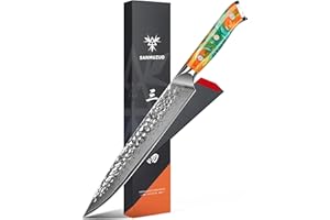 SANMUZUO Couteaux à jambon, Couteau Poisson de Cuisine - lame martelée en acier Damas de 23cm et manche en résine - Série Yao