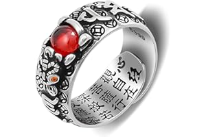 Kucheed Bague Feng Shui PiXiu Mantra, Bagues de Bonne Chance Bouddhistes en Argent,Bijoux Amulet Mantra,Protection Richesse Amour Santé Bande,Bagues Réglables Ouvertes Cadeau pour Hommes Femmes (E)