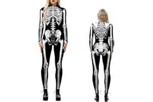 NEWUPZSI Halloween Kostüm Damen Skelett Overall Jumpsuit Lady Catsuit Skull Skelett Jumpsuit Knochen Langarm Skinny Skeleton Catsuit Cosplay Overall Body Anzug Karneval Fasching Karneval Mottoparties