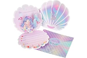 OurWarm 24PCS Mermaid Birthday Invitations Girl with Envelopes, 3D Pearlescent Birthday Party Invitations Mermaid Party Supplies for Under the Sea Ocean Little Mermaid Party Decorations, pink