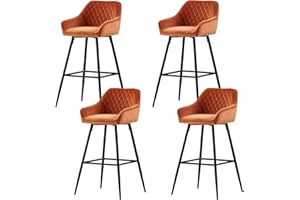 AINPECCA Set of 4 Velvet Barstools Fabric Upholstered seat with Backrest & Armrest Black Metal Legs Kitchen Breakfast Counter Chairs (Orange velvet, 4 pcs)