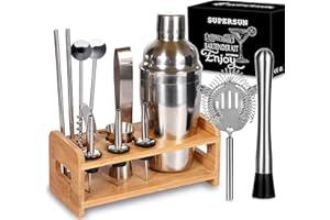 SUPERSUN 15 Pieces Cocktail Shakers Set, Cocktail Making Set 550ml Stainless Steel Bartender Kit Barware Set with Wooden Stand, Cocktail Shaker Gift Set for Home Bar
