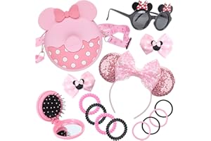 TOPWAYS Little Mouse Ear Bow Crossbody Purse, Little Girls Handbag with Sunglasses Hair Clip Hairbands Hair Hairbrush, Accessories for Girls Pretend Play Dress Up Gifts (Pink)